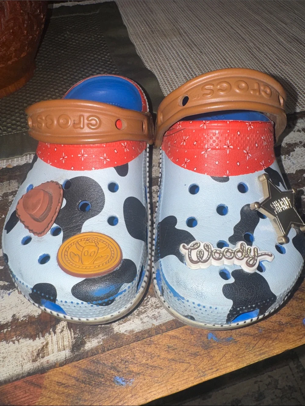CROCS Kids Woody Toy Story with Charms - Light Blue, Red & Brown Size 1